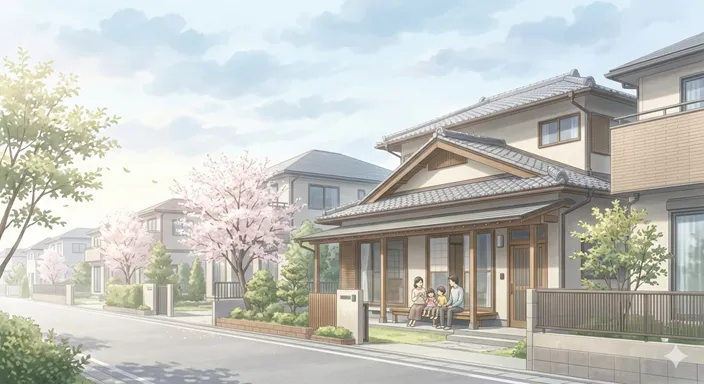 柔らかな朝の光の中で、静かで穏やかな日常を過ごす家とその周囲の平和な風景。