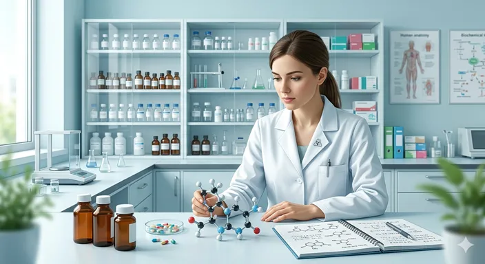 薬剤師や薬学部生を象徴する人物が、薬瓶や分子模型を前に薬の作用と安全性を学んでいる様子。