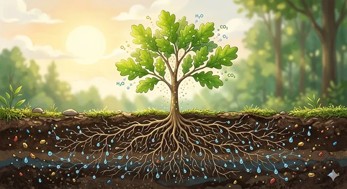 太陽光を浴びる植物の葉と、地中に広がる根が描かれ、植物が光・水・土を利用して成長する様子を表した画像。