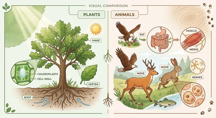 植物と動物の違いを、光合成・細胞構造・移動・栄養の取り方の観点から視覚的に比較した画像。