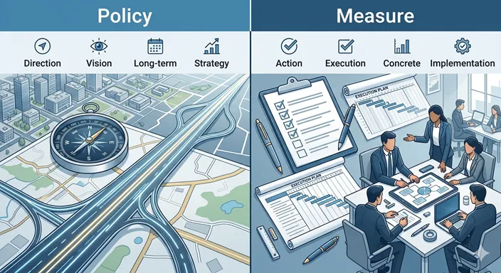 PolicyとMeasureの違いを、方向性を示すコンパスと具体策を示すチェックリストで左右対比した比較イメージ。