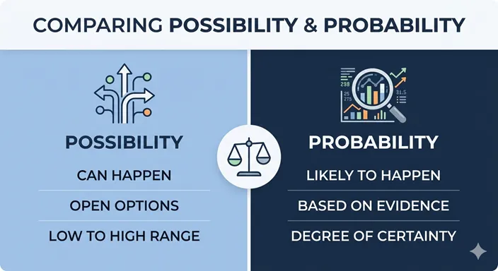 可能性(POSSIBILITY)と蓋然性(PROBABILITY)を、根拠、確からしさ、判断の深さで比較した英語インフォグラフィック。