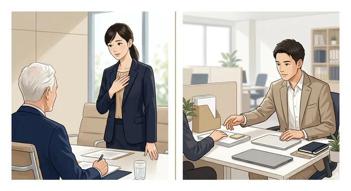 控えめに一歩下がって発言をためらう人物と、相手の作業領域にそっと手を差し出そうとする人物を対比した画像。