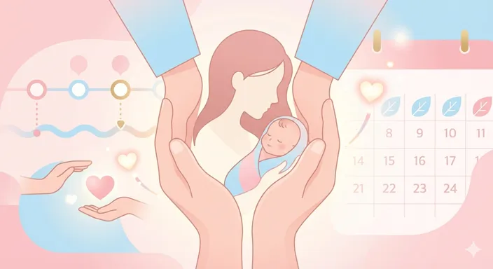 カレンダーと母子を包むやわらかな光で、早産児が妊娠週数を基準にすることを表した画像。