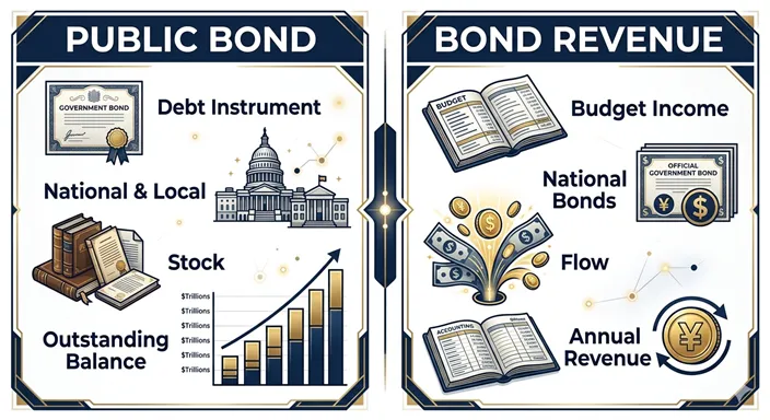 PUBLIC BONDとBOND REVENUEを、debt instrument、budget income、stock、flowなどの英語項目で比較したインフォグラフィック。
