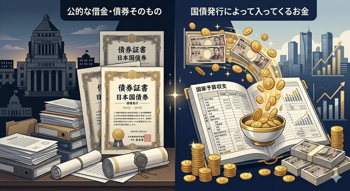 国や自治体の債券を象徴する書類と、国の予算に流れ込むお金を左右で対比したイメージ。