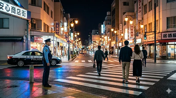 夜の街角で警察官が交差点と歩行者を静かに見守り、犯罪予防と公共の秩序を支えている様子を表した画像。