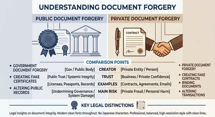 PUBLIC DOCUMENT FORGERYとPRIVATE DOCUMENT FORGERYを、authority、trust、riskの観点で比較した英語のインフォグラフィック。