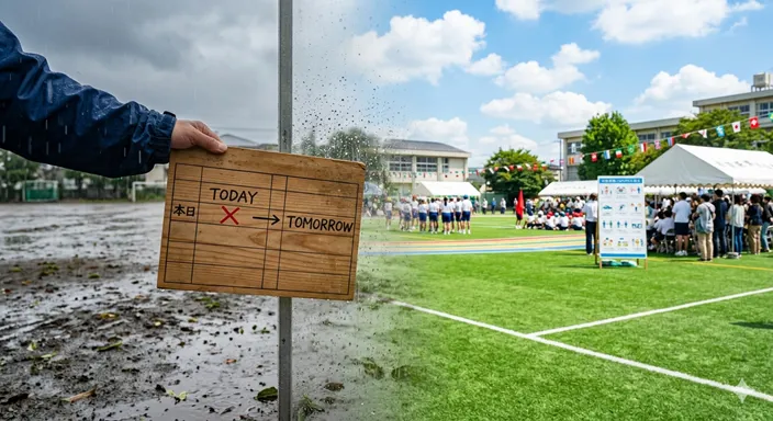 雨で中断された屋外行事が、あらかじめ決められた次の日程へ送られる流れを表したイメージ。