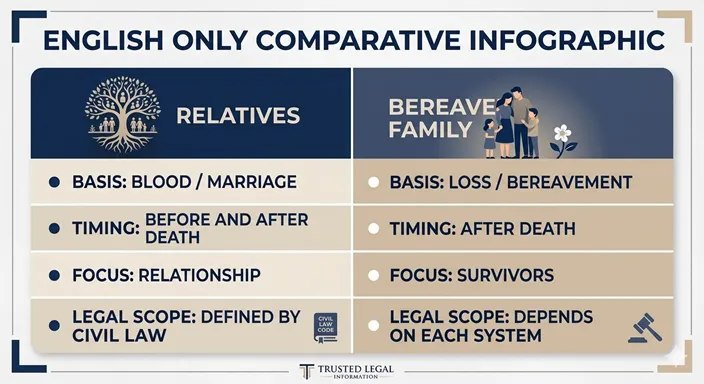 RELATIVESとBEREAVED FAMILYを、relationship、timing、focus、legal scopeの観点で比較した英語のインフォグラフィック。