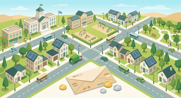 市役所や住宅街、学校、道路、公園など地域サービスを支える税金のイメージ。
