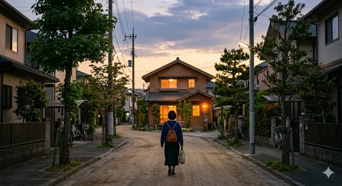 夕方の住宅街で、温かく明かりの灯る家へ向かって歩く人物の後ろ姿。
