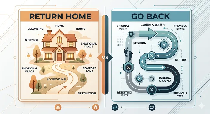 RETURN HOMEとGO BACKを、BELONGING、ORIGINAL POINT、PLACE、STATEなどの英語ラベルで比較したインフォグラフィック。