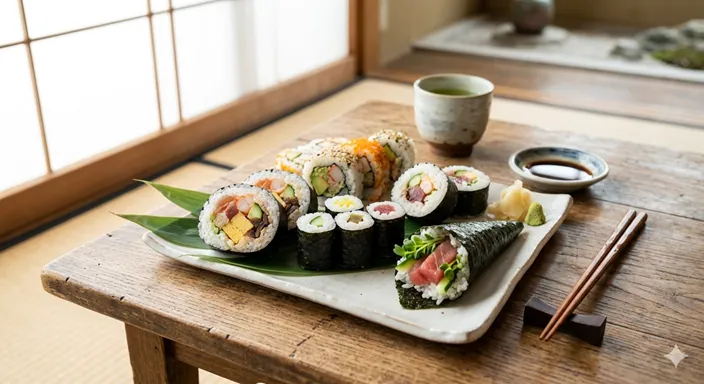 巻き寿司、海苔巻き、手巻き寿司、太巻きが美しく並び、それぞれの形や食べ方の違いが一目で伝わる和食の食卓風景。