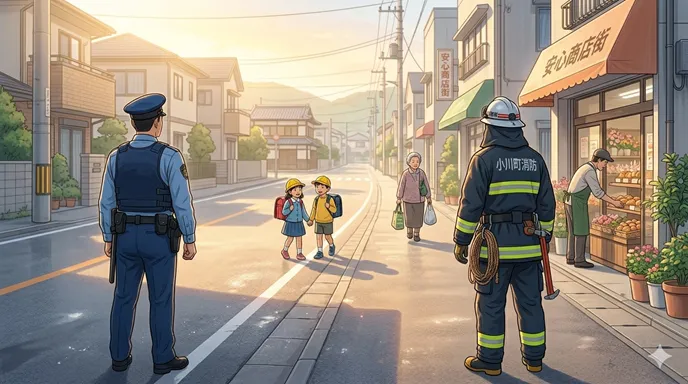 警察官と消防隊員が同じ街を見守り、住民の安全な暮らしを支えていることを象徴する穏やかな画像。