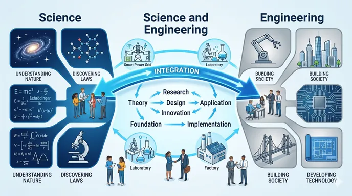 Science、Engineering、Science and Engineeringの三領域を、原理探究・技術設計・基礎と応用の橋渡しとして比較した図解。