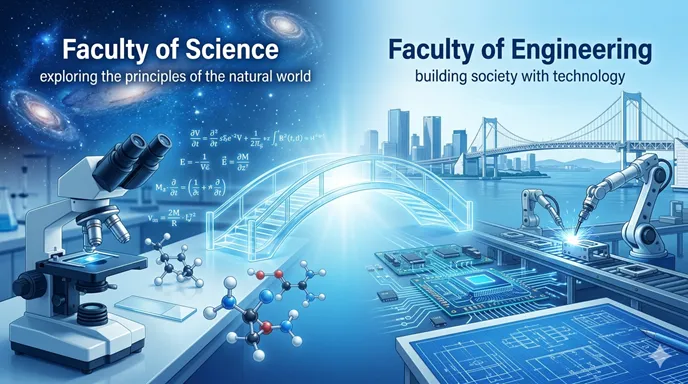 理学部を象徴する宇宙や数式、工学部を象徴する都市や機械、理工学部を象徴する橋が一つにつながる抽象的な進路選択イメージ。