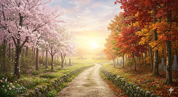 春の桜と秋の紅葉が同じ道に重なり、静かな光の中で先祖への感謝と季節の巡りを表している様子。