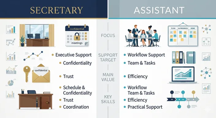 SECRETARYとASSISTANTを、FOCUS、SUPPORT TARGET、MAIN VALUEの軸で比較した英語のインフォグラフィック。