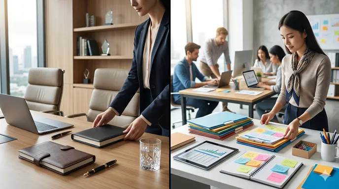 重要人物の近くで予定を整える秘書と、チーム全体の業務を支えるアシスタントの役割の違いを表したオフィス風景。