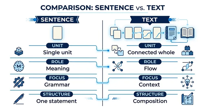SENTENCEとTEXTを、UNIT、ROLE、FOCUS、STRUCTUREの観点で比較した英語のインフォグラフィック。