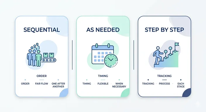 SEQUENTIAL、AS NEEDED、STEP BY STEPを、ORDER、TIMING、TRACKINGの軸で比較した英語のインフォグラフィック。
