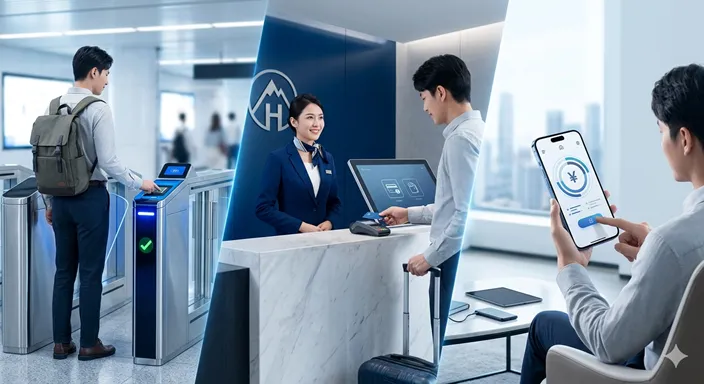 電車の改札、ホテル受付、スマートフォン利用など、サービス利用に対して料金が発生する場面をまとめたイメージ。