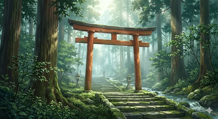 深い森の中に立つ朱色の鳥居と、木漏れ日が差し込む清らかな参道が神道の自然崇拝を表している画像。