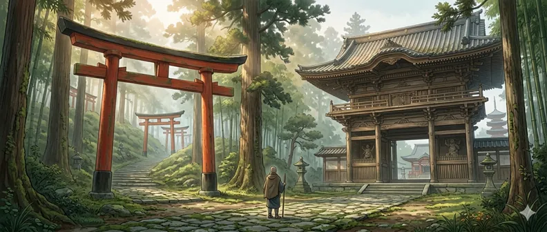 神社の鳥居と寺の山門が同じ参道の先に見え、単純な区別だけでは語れない日本文化の重なりを表した画像。