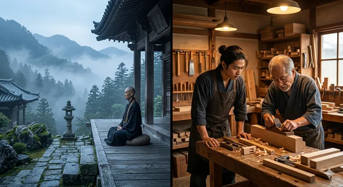 山寺で静かに坐禅する人物と、工房で職人技を学ぶ人物が対比された「修行」と「修業」の違いを表すイメージ。
