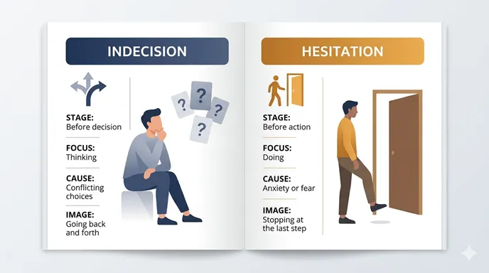 逡巡（INDECISION）と躊躇（HESITATION）を、思考段階と行動直前の違いで比較した英語のインフォグラフィック。