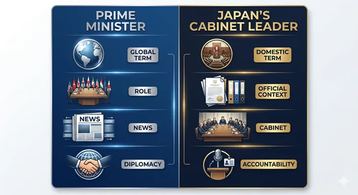 首相(PRIME MINISTER)と総理(JAPAN'S CABINET LEADER)を、視点・使用場面・語感の違いで比較した英語のインフォグラフィック。