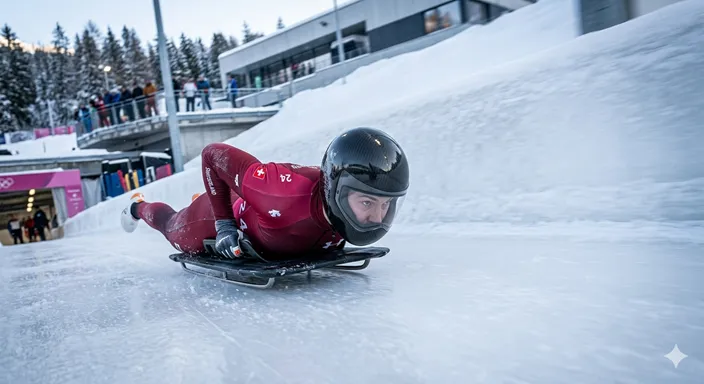 氷のコースを頭からうつ伏せで高速滑走するスケルトン選手の緊張感ある姿。