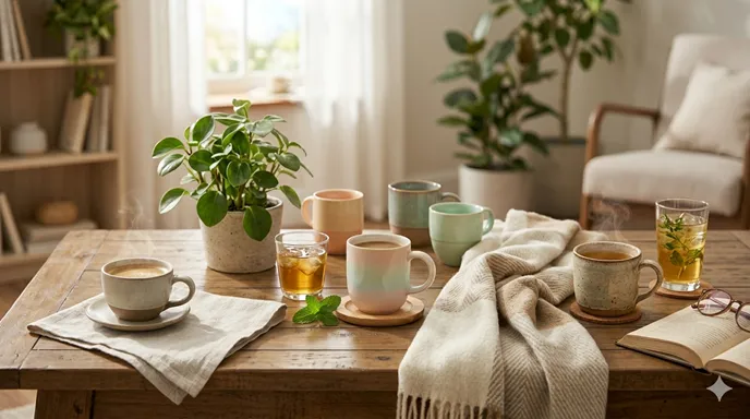 自分の生活リズムに合わせて、デカフェ、カフェインレス、ノンカフェインを上手に選ぶ穏やかなティータイムのイメージ。
