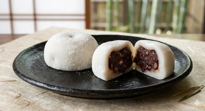 粉をまとった柔らかな大福の断面からあんが見え、餅であんを包む菓子であることを表した画像。