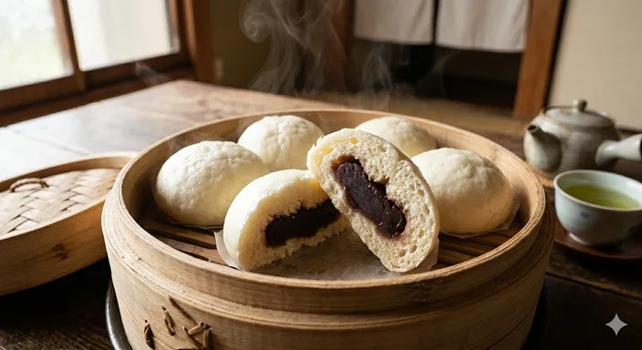 ふっくら蒸し上がった饅頭が割られ、中のあんと柔らかな生地の違いが見える画像。