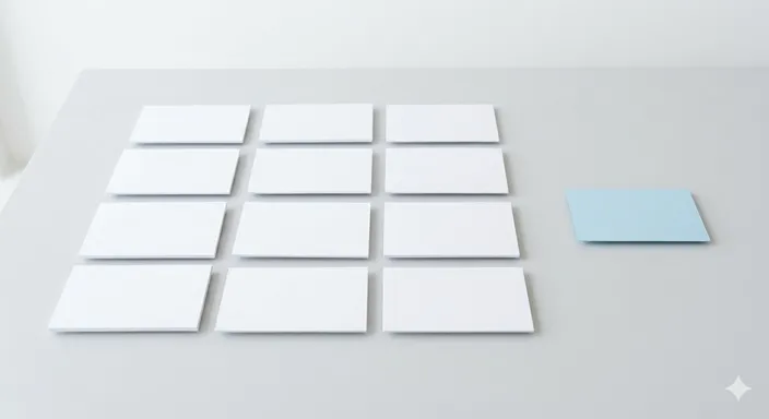 同じ形の白いカードが並ぶ中で、一枚だけ別の場所に置かれ、通常とは区別されている様子。