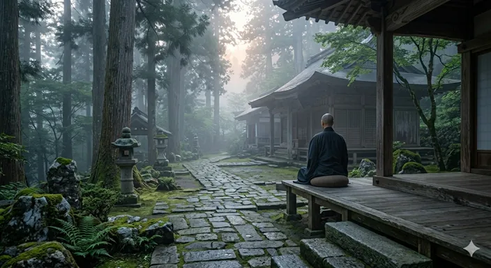 霧のかかった山寺で、静かに坐禅しながら心身を鍛える修行者の後ろ姿。