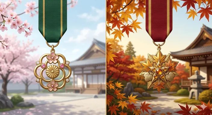 春を思わせる柔らかな明るさと秋を思わせる落ち着いた色合いの中で、二つの勲章が対比的に配置された上品なイメージ。