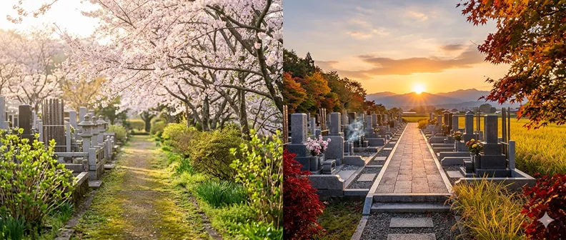 春の桜と秋の紅葉に分かれた静かな墓地風景の中央に、穏やかな夕日が差し込んでいる様子。