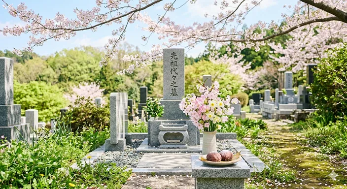 桜が咲き始める春の墓前に、淡い花とぼたもちが静かに供えられている様子。