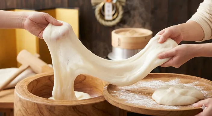 つきたての餅が柔らかく伸び、もち米特有の粘りと弾力を表している画像。