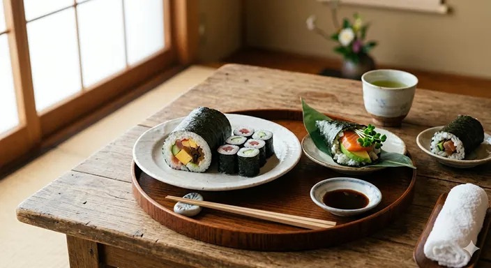 巻き寿司、海苔巻き、手巻き寿司、太巻きが一つの食卓に並び、それぞれの違いを理解したうえで味わえるような落ち着いた和食の風景。