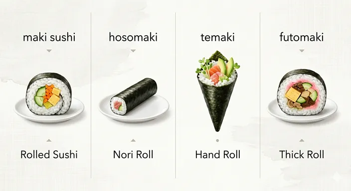 巻き寿司、海苔巻き、手巻き寿司、太巻きの違いを、形・巻き方・食べ方の観点から視覚的に比較した図解。