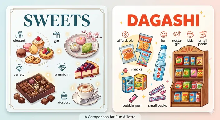 お菓子と駄菓子の特徴の違いを、上品さと庶民性、幅広さと親しみやすさの対比で視覚的に示した比較イメージ。