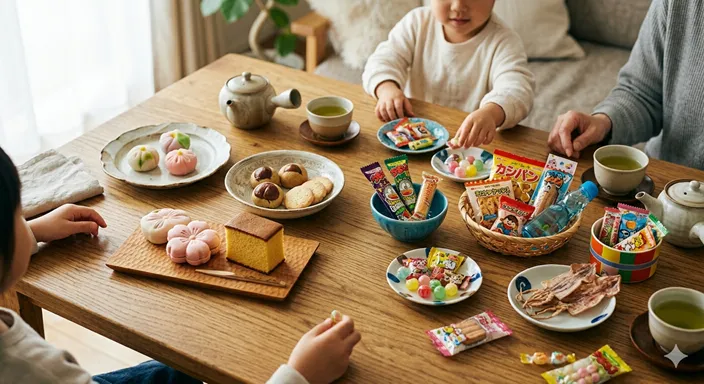 上品なお菓子と懐かしい駄菓子が一つの食卓に自然に並び、それぞれの魅力が調和している画像。