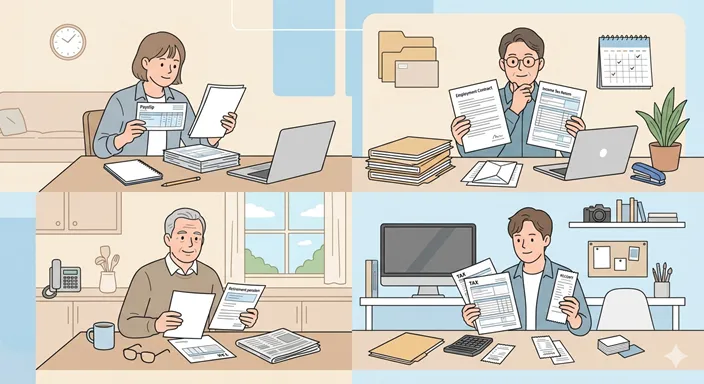 新社会人、退職者、転職者、個人事業主など立場の違う人々が税金書類を確認しているイメージ。