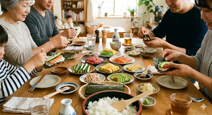 食卓に並んだ海苔、酢飯、刺身、卵焼き、野菜を使って、家族が手巻き寿司を楽しんでいる様子。