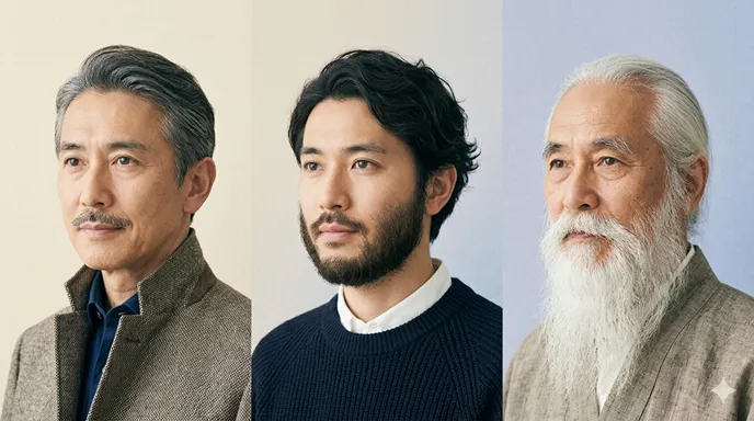口ひげ・頬ひげ・顎ひげの三種類を穏やかに並べ、髭・髯・鬚の違いを総括するイメージ。