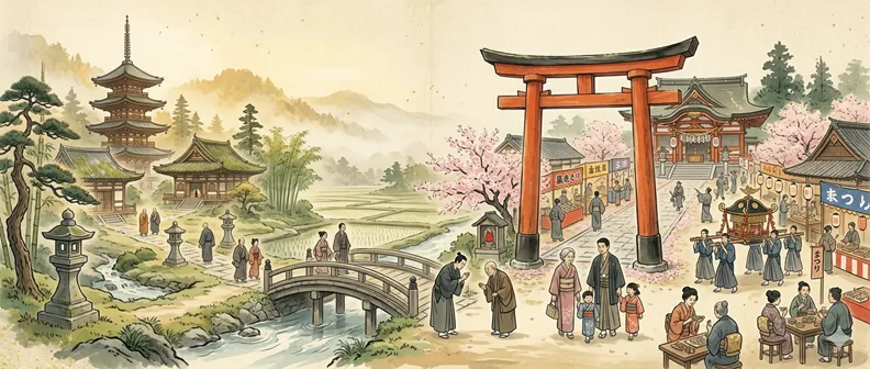 寺、鳥居、礼を交わす人々の要素が一つの日本的な風景の中で重なり合い、三つの教えが調和している様子。